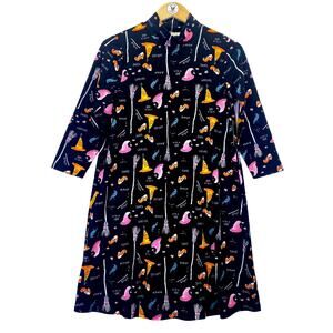 Halloween Dress Womens Sz XS Black Witchy Raven Broom Long Sleeve Knee Length